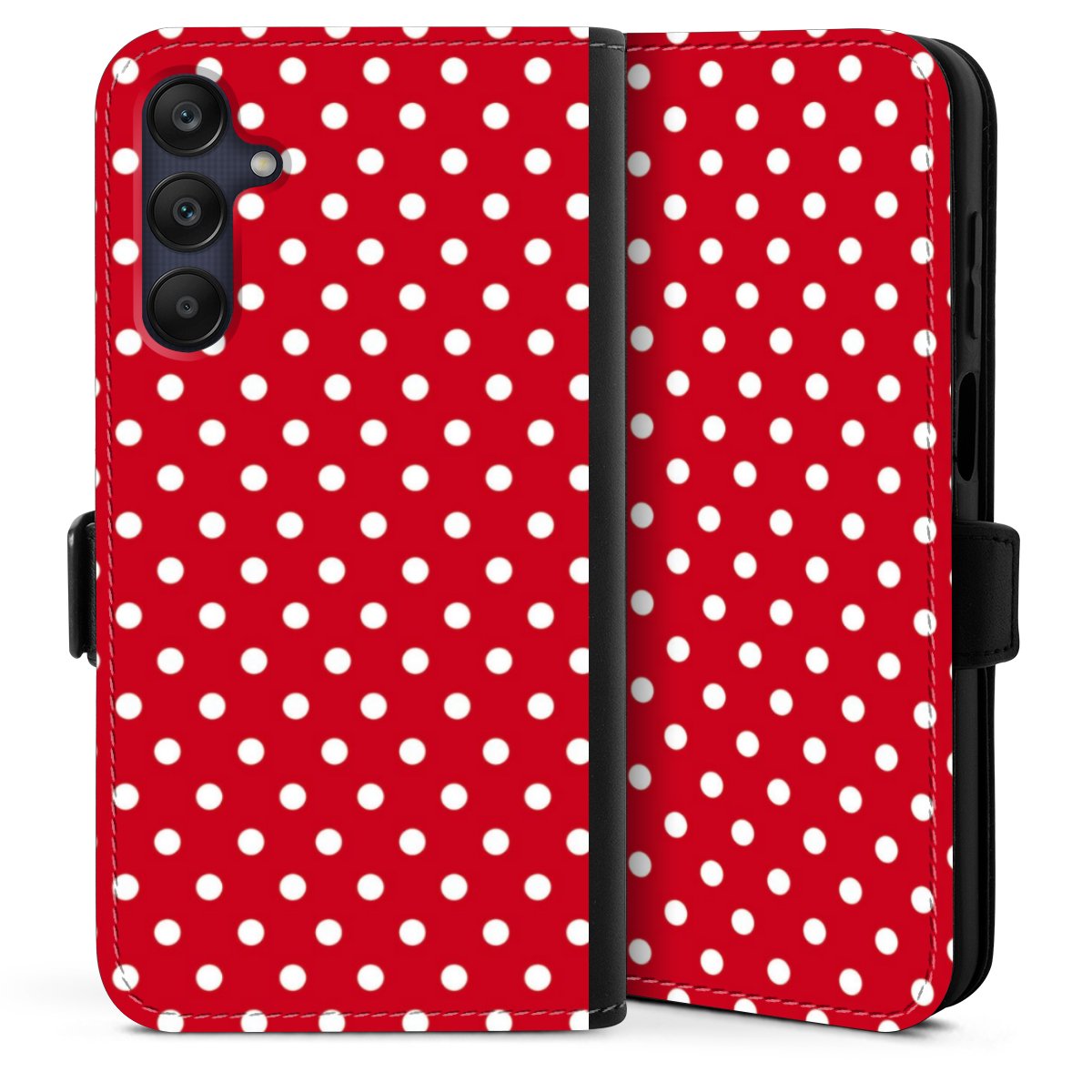 Galaxy A25 5G Handy Klapphülle Handyhülle aus Kunst Leder schwarz Flip Case Points Polka Dots Retro Sideflip mit Lasche