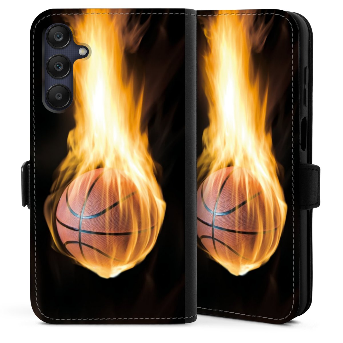 Galaxy A25 5G Handy Klapphülle Handyhülle aus Kunst Leder schwarz Flip Case Basketball Sports Fire Sideflip mit Lasche