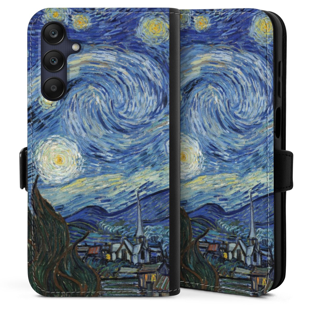 Galaxy A25 5G Handy Klapphülle Handyhülle aus Kunst Leder schwarz Flip Case The Starry Night Kunst Vincent Van Gogh Sideflip mit Lasche