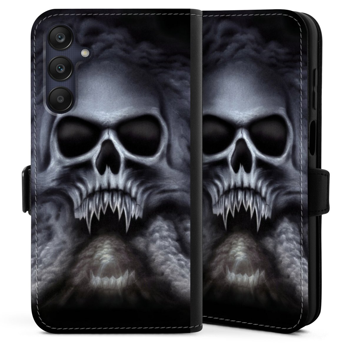 Galaxy A25 5G Handy Klapphülle Handyhülle aus Kunst Leder schwarz Flip Case Totenkopf Skull Sideflip mit Lasche