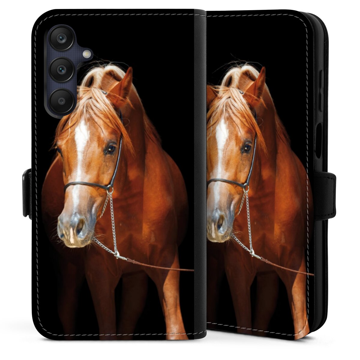 Galaxy A25 5G Handy Klapphülle Handyhülle aus Kunst Leder schwarz Flip Case Mare Horse Hobby Sideflip mit Lasche