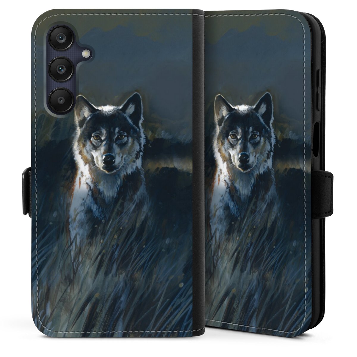 Galaxy A25 5G Handy Klapphülle Handyhülle aus Kunst Leder schwarz Flip Case Nature Wolf Painting Sideflip mit Lasche