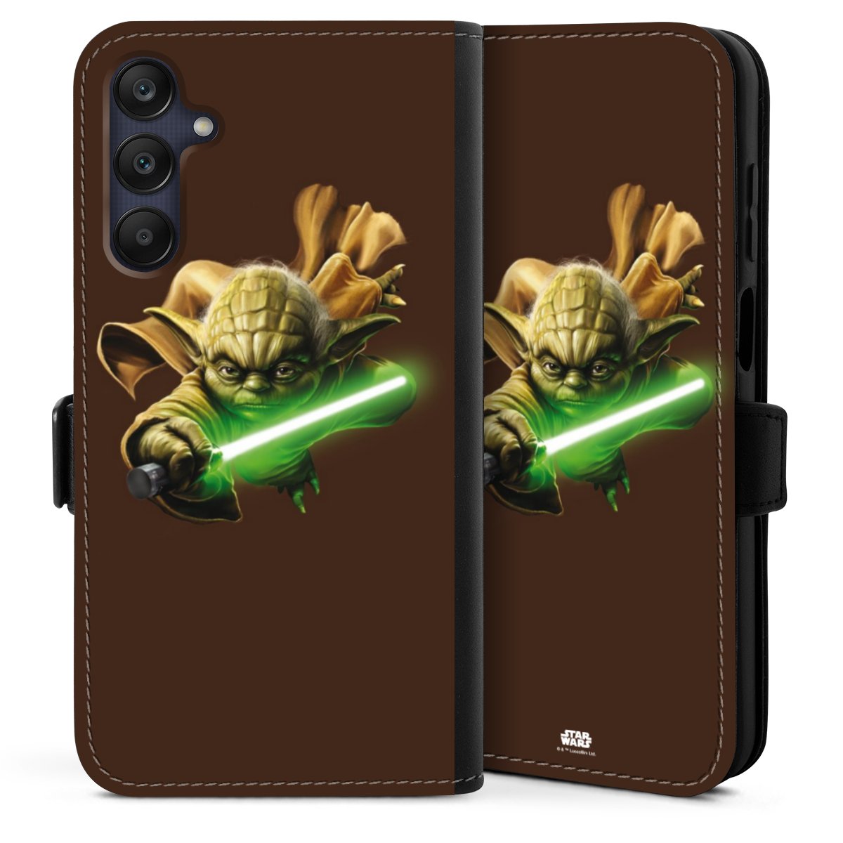 Galaxy A25 5G Handy Klapphülle Handyhülle aus Kunst Leder schwarz Flip Case Yoda Merchandise Star Wars Sideflip mit Lasche