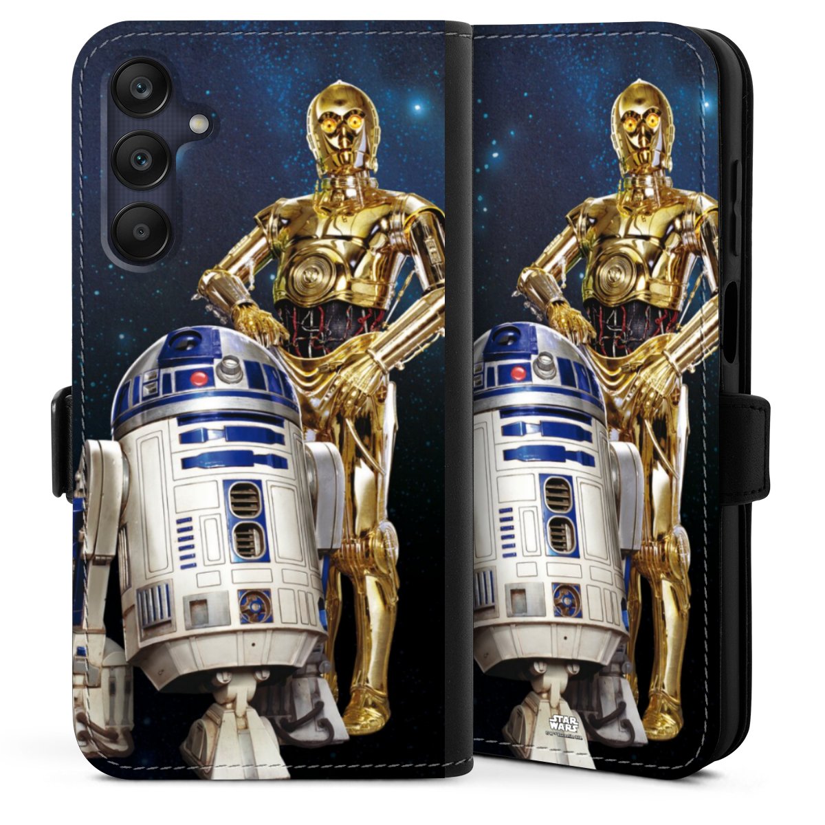 Galaxy A25 5G Handy Klapphülle Handyhülle aus Kunst Leder schwarz Flip Case Weltall Star Wars R2d2 Sideflip mit Lasche