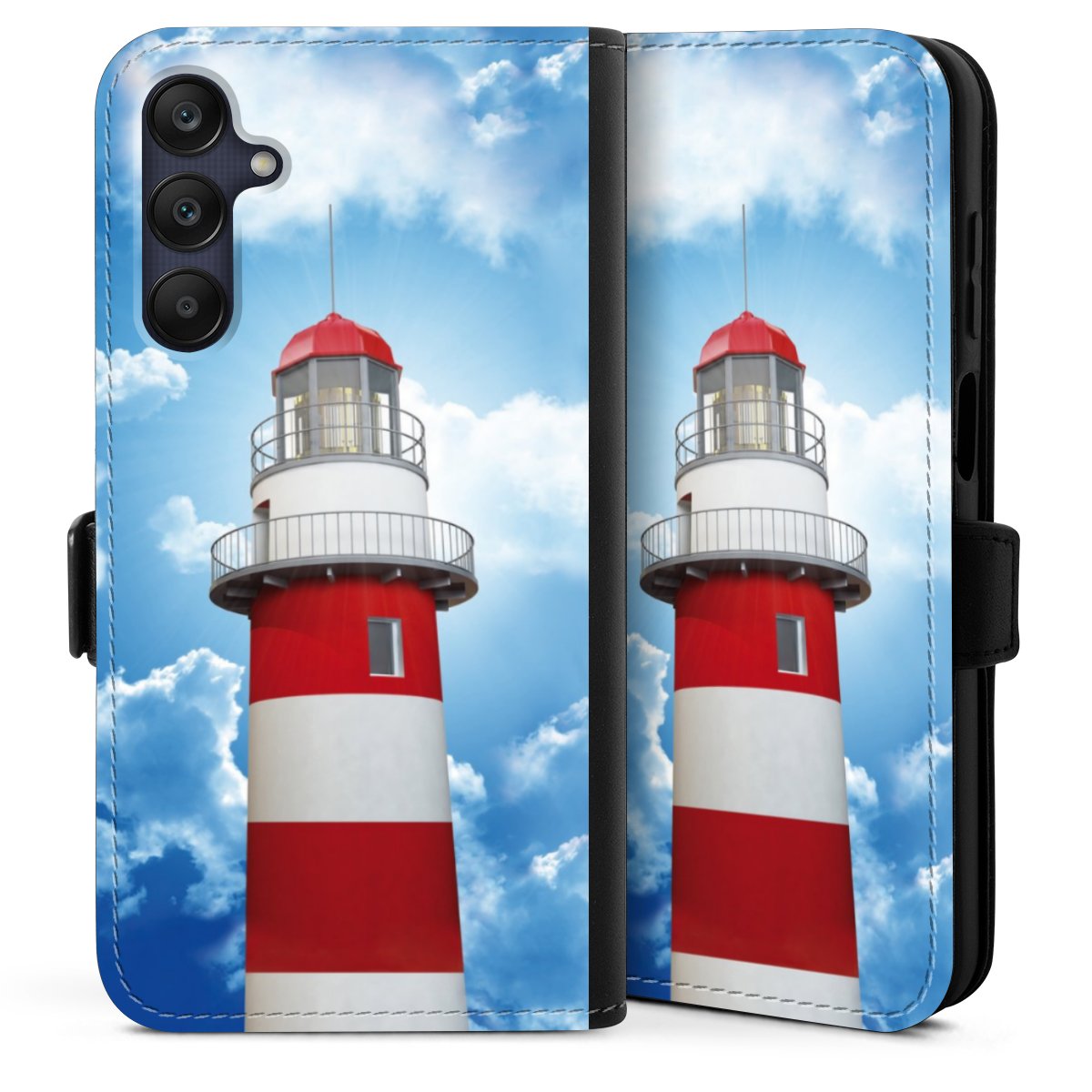 Galaxy A25 5G Handy Klapphülle Handyhülle aus Kunst Leder schwarz Flip Case Lighthouse Sky Cloud Sideflip mit Lasche