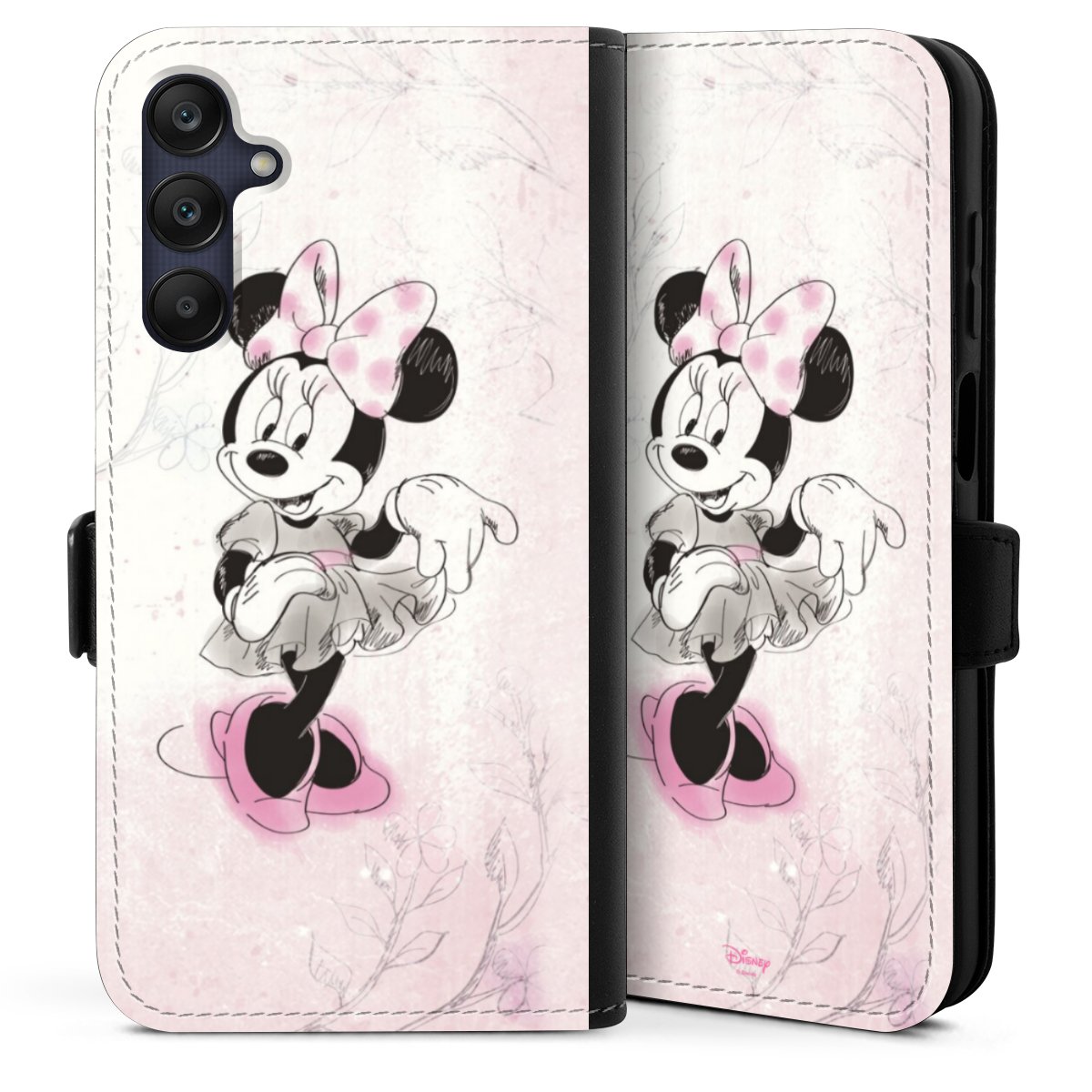 Galaxy A25 5G Handy Klapphülle Handyhülle aus Kunst Leder schwarz Flip Case Disney Minnie Mouse Vintage Sideflip mit Lasche