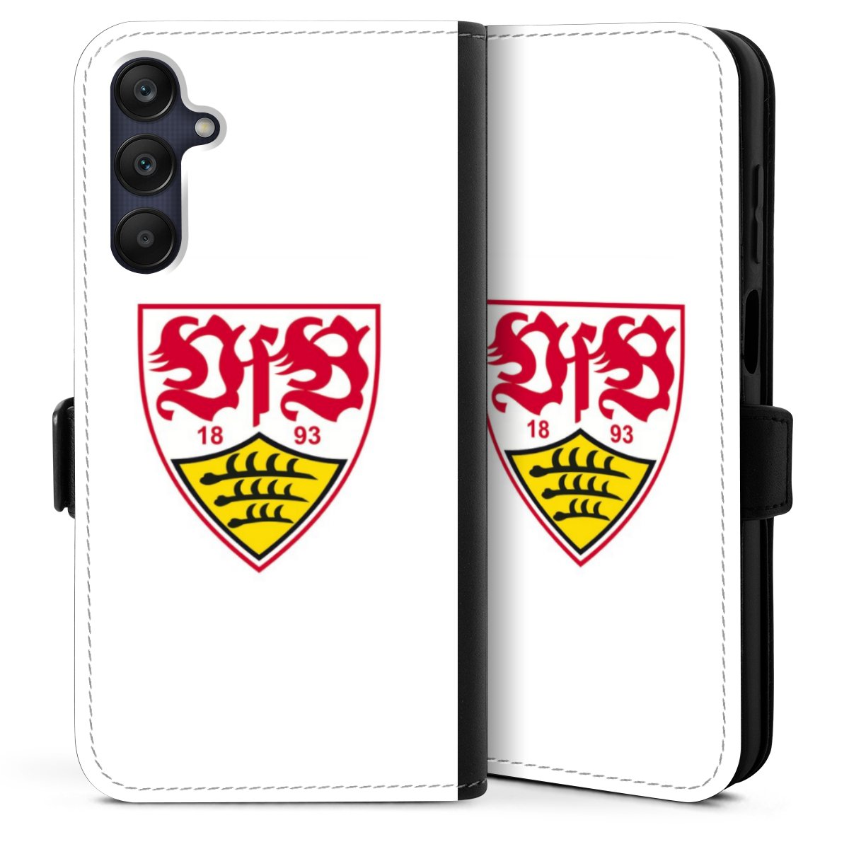 Galaxy A25 5G Handy Klapphülle Handyhülle aus Kunst Leder schwarz Flip Case Logo Official Licensed Product Vfb Stuttgart Sideflip mit Lasche