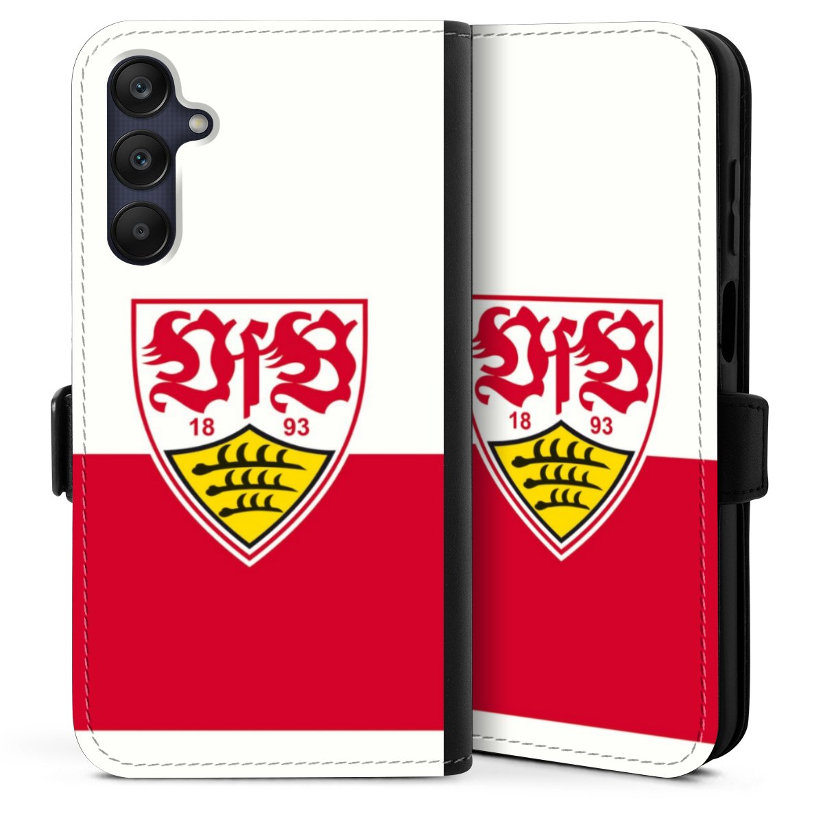 Galaxy A25 5G Handy Klapphülle Handyhülle aus Kunst Leder schwarz Flip Case Official Licensed Product Logo Vfb Stuttgart Sideflip mit Lasche