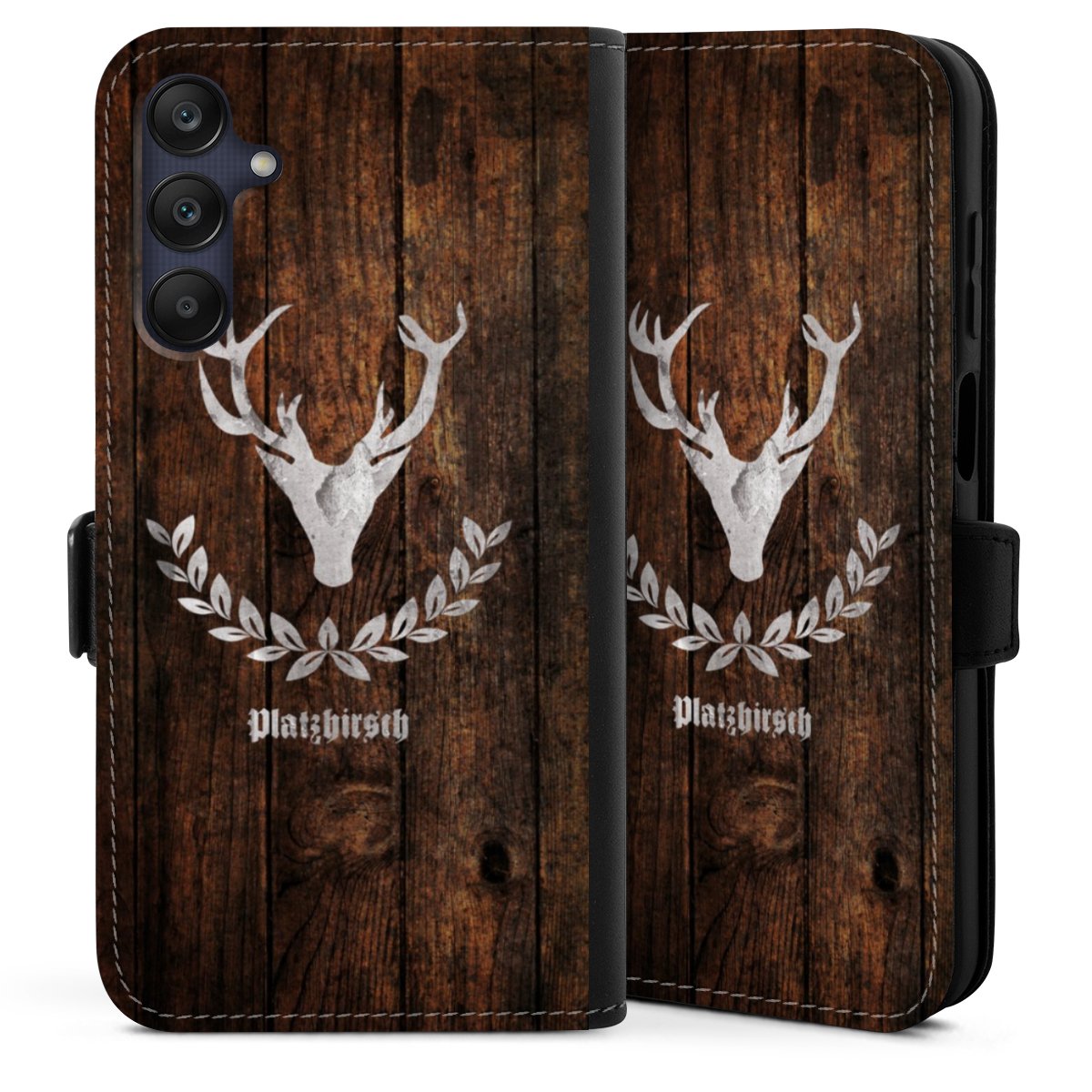 Galaxy A25 5G Handy Klapphülle Handyhülle aus Kunst Leder schwarz Flip Case Deer Wood Wooden Look Sideflip mit Lasche