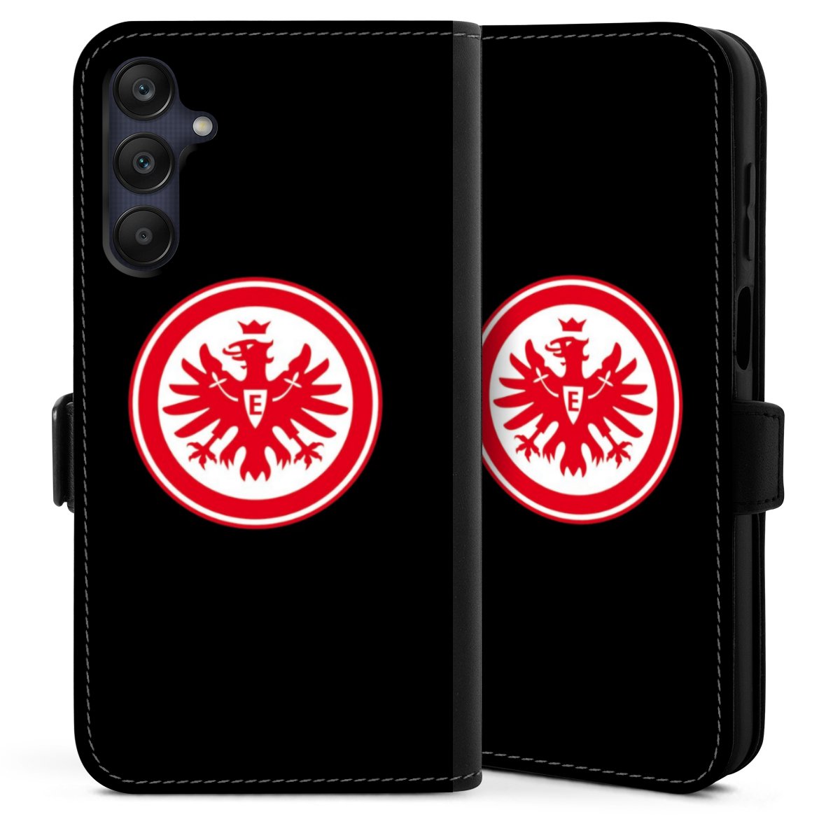 Galaxy A25 5G Handy Klapphülle Handyhülle aus Kunst Leder schwarz Flip Case Eintracht Frankfurt Sge Eagle Sideflip mit Lasche