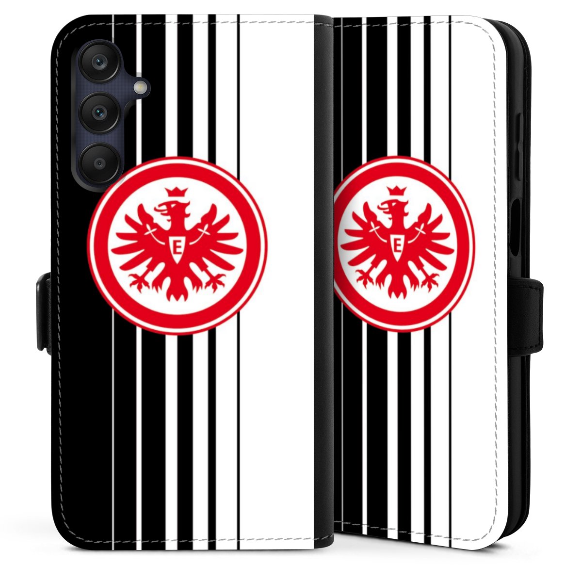 Galaxy A25 5G Handy Klapphülle Handyhülle aus Kunst Leder schwarz Flip Case Stripes Eintracht Frankfurt Official Licensed Product Sideflip mit Lasche