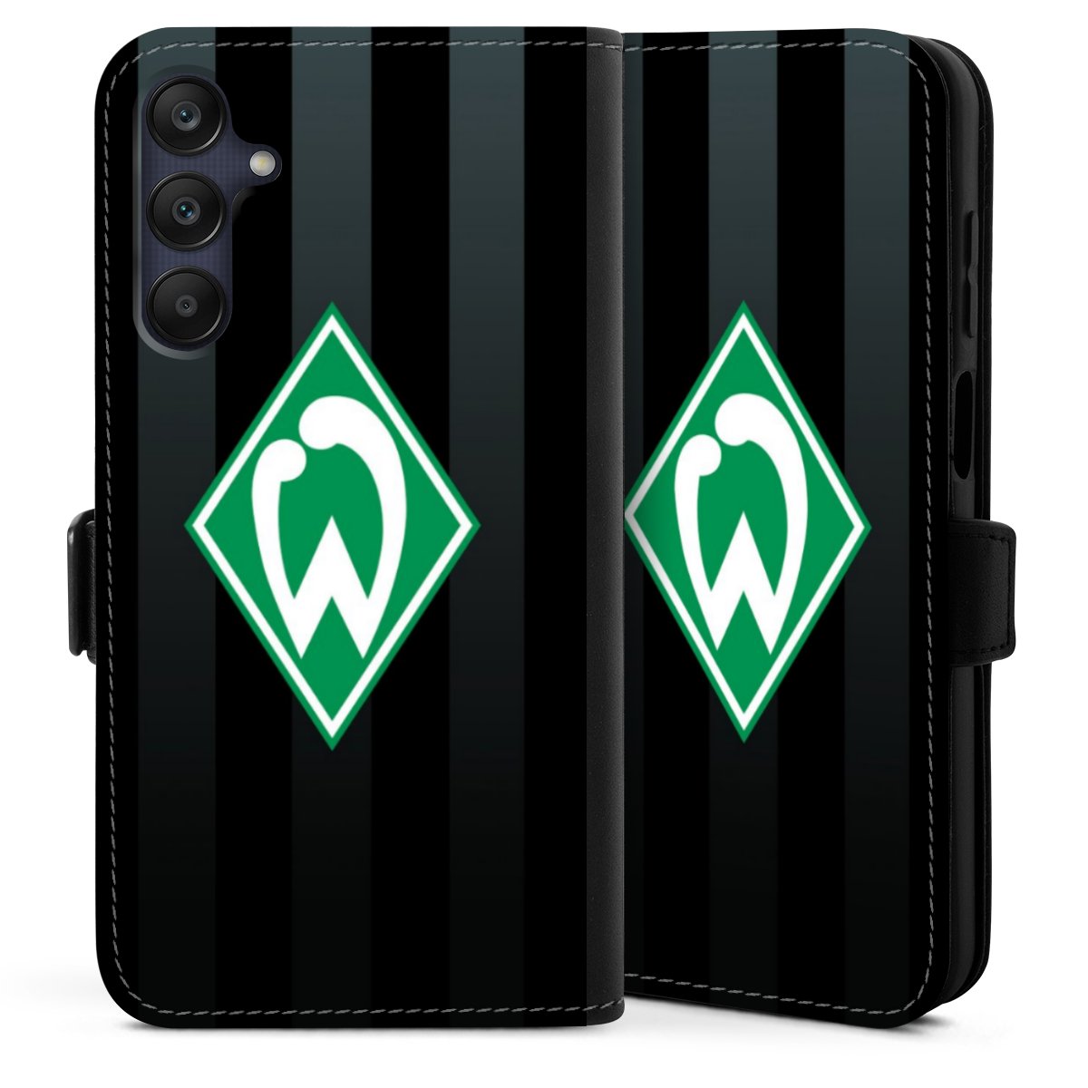 Galaxy A25 5G Handy Klapphülle Handyhülle aus Kunst Leder schwarz Flip Case Stripes Sv Werder Bremen Official Licensed Product Sideflip mit Lasche