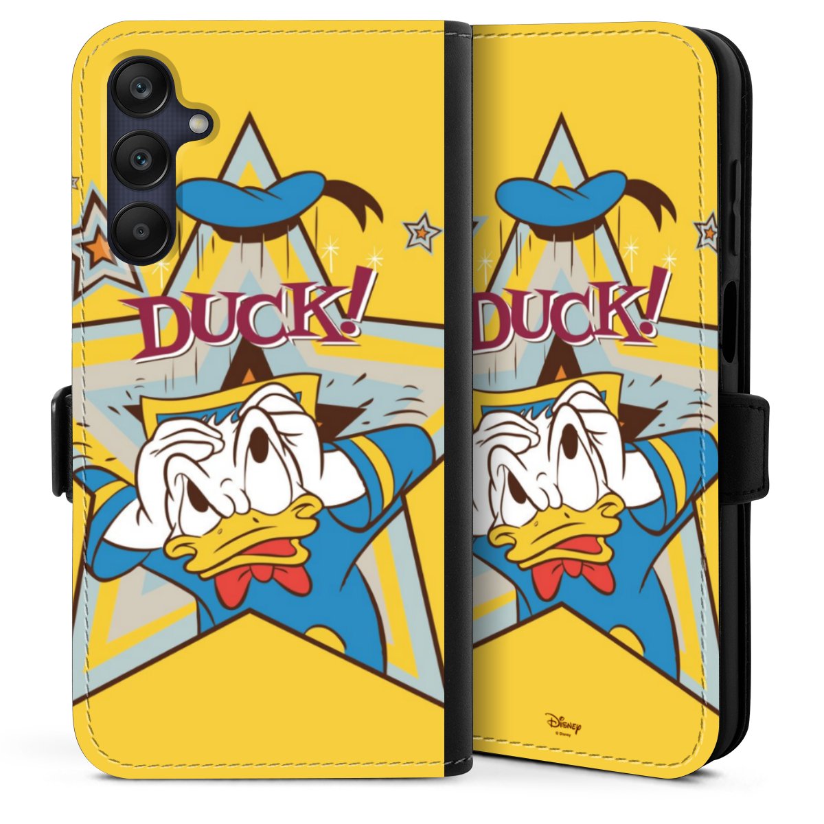 Galaxy A25 5G Handy Klapphülle Handyhülle aus Kunst Leder schwarz Flip Case Official Licensed Product Donald Duck Disney Sideflip mit Lasche