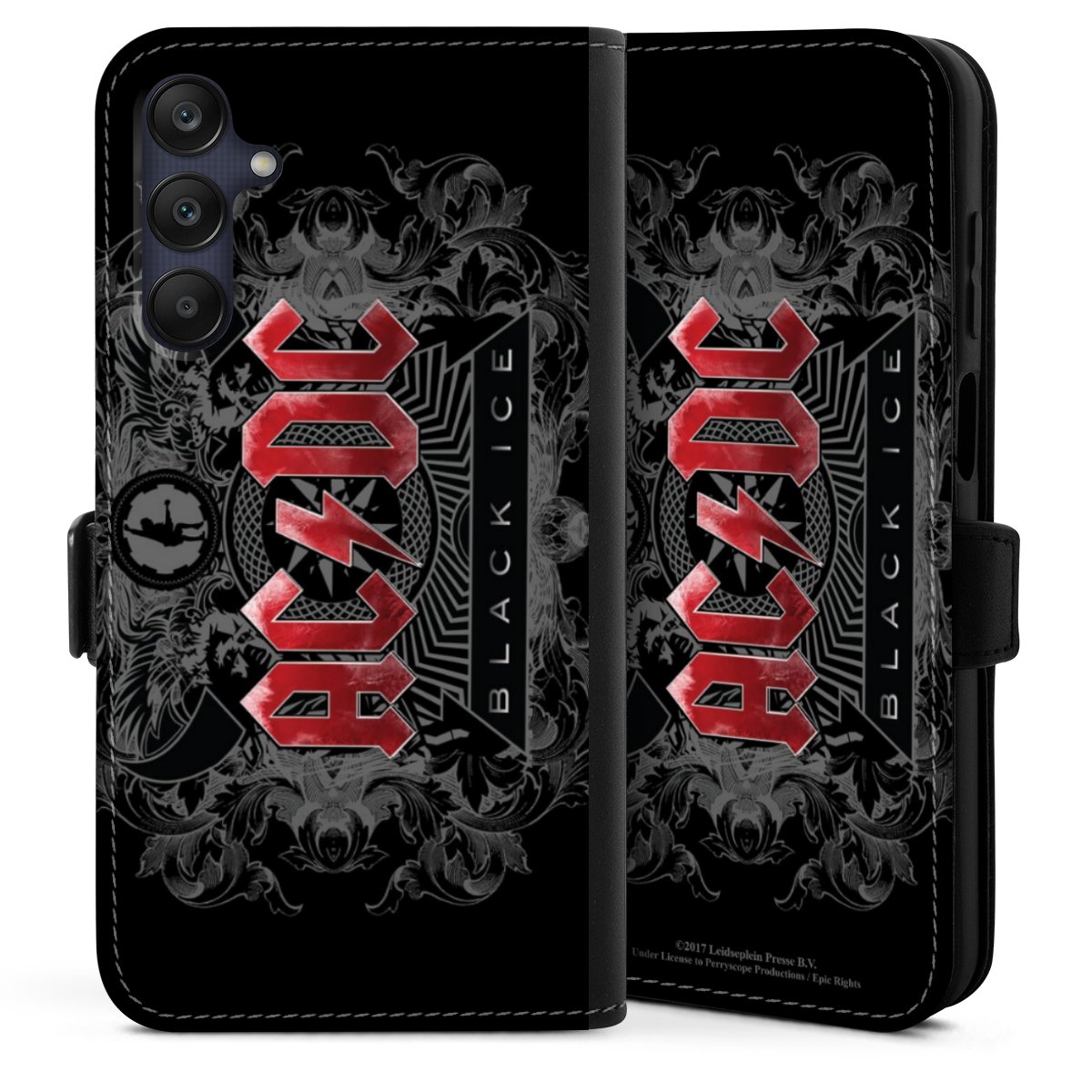 Galaxy A25 5G Handy Klapphülle Handyhülle aus Kunst Leder schwarz Flip Case Merchandise Black Ice Acdc Sideflip mit Lasche