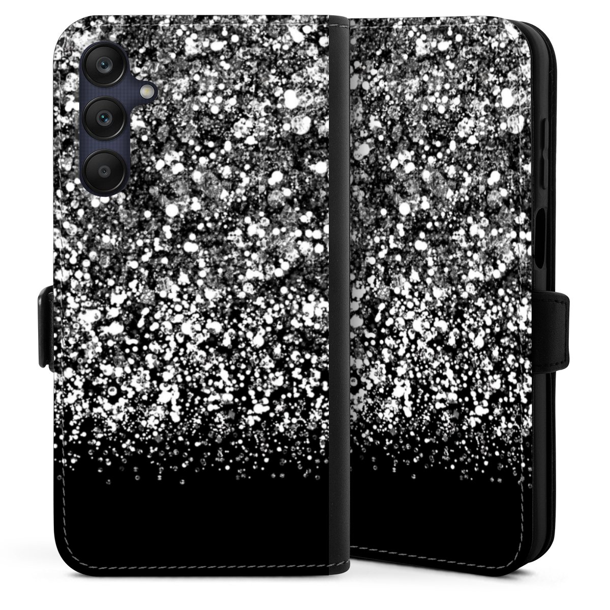 Galaxy A25 5G Handy Klapphülle Handyhülle aus Kunst Leder schwarz Flip Case Glitzer Snowflake Muster Sideflip mit Lasche