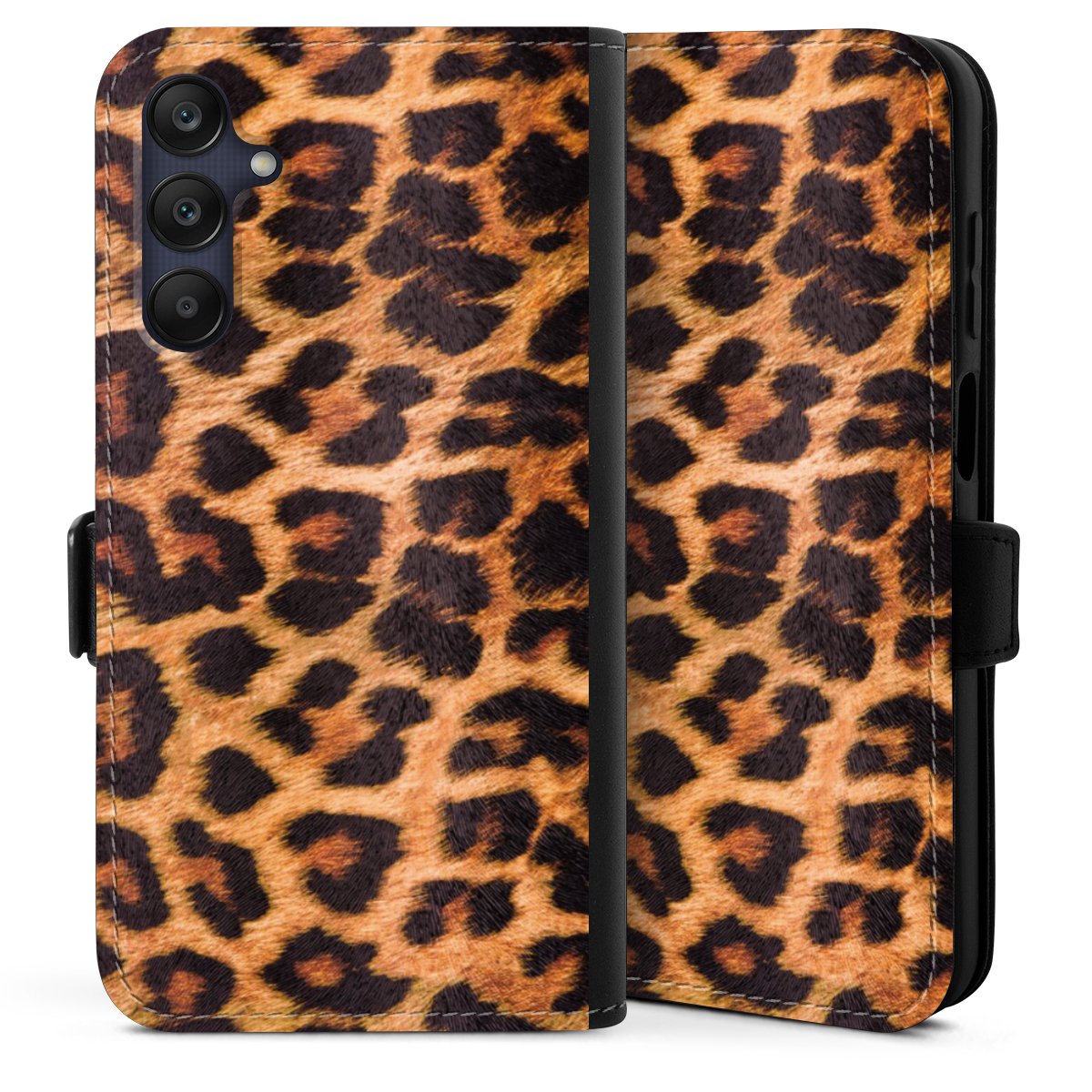 Galaxy A25 5G Handy Klapphülle Handyhülle aus Kunst Leder schwarz Flip Case Animal Print Leopard Fur Sideflip mit Lasche