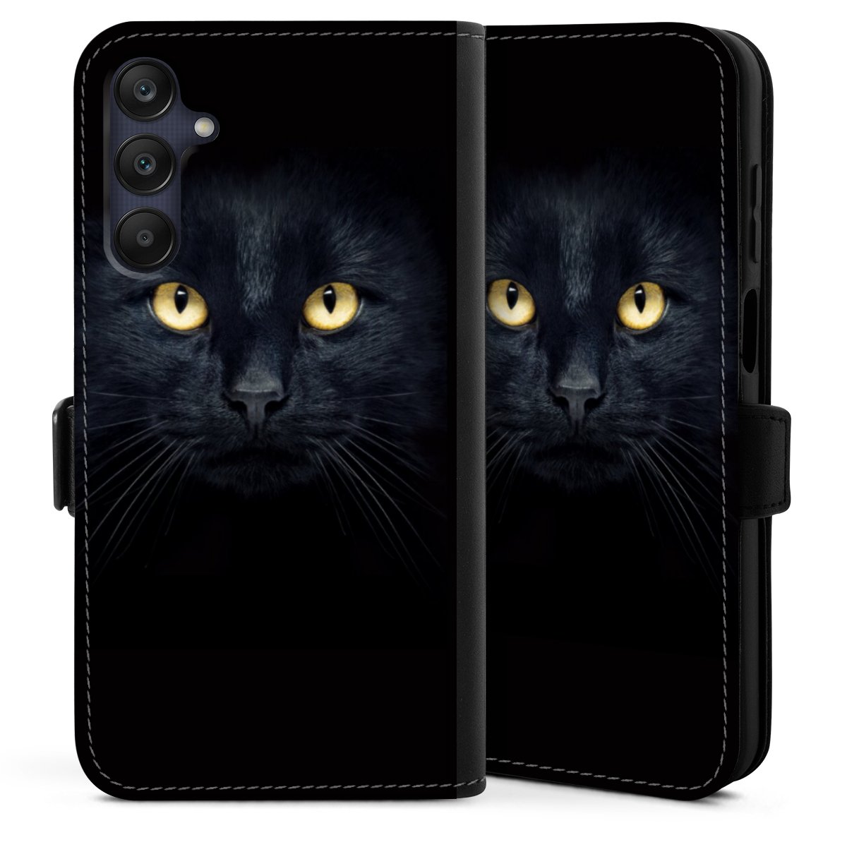 Galaxy A25 5G Handy Klapphülle Handyhülle aus Kunst Leder schwarz Flip Case Eye Cat Black Sideflip mit Lasche