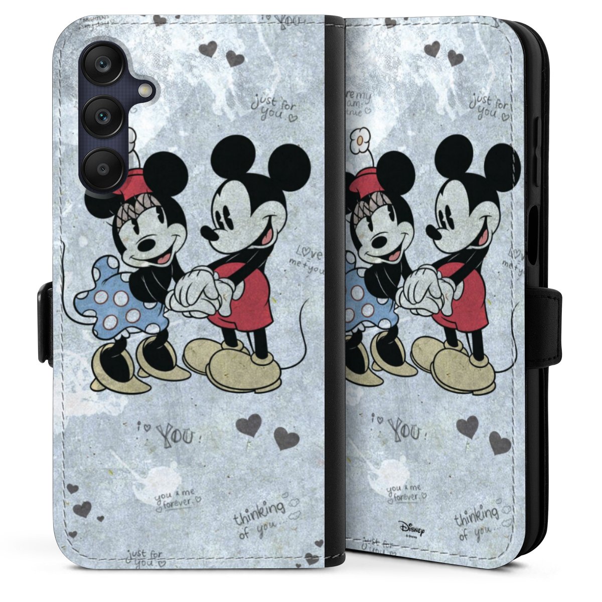 Galaxy A25 5G Handy Klapphülle Handyhülle aus Kunst Leder schwarz Flip Case Mickey & Minnie Mouse Vintage Disney Sideflip mit Lasche