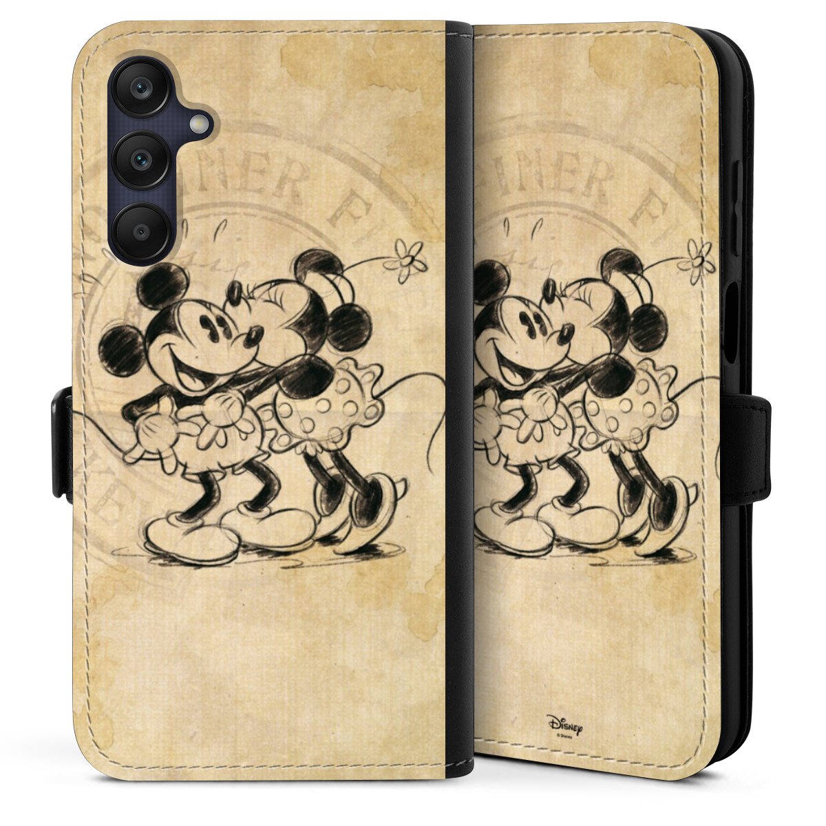 Galaxy A25 5G Handy Klapphülle Handyhülle aus Kunst Leder schwarz Flip Case Mickey Mouse Vintage Minnie Mouse Sideflip mit Lasche