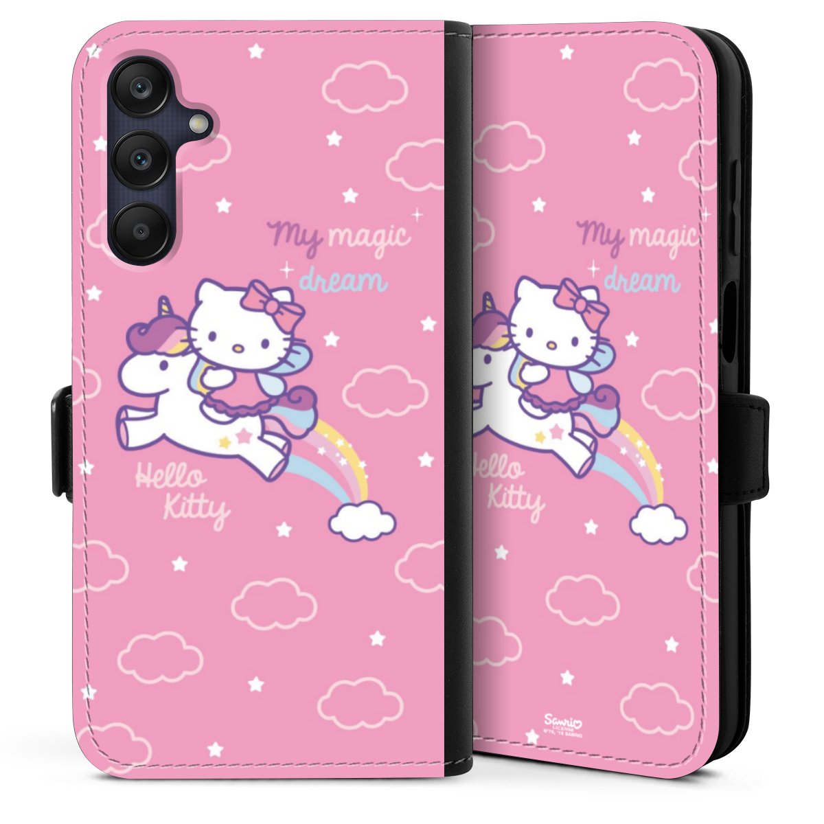 Galaxy A25 5G Handy Klapphülle Handyhülle aus Kunst Leder schwarz Flip Case Einhorn Official Licensed Product Hello Kitty Sideflip mit Lasche